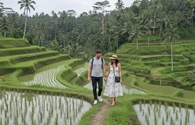 Scenic walking tour through Bali rice fields